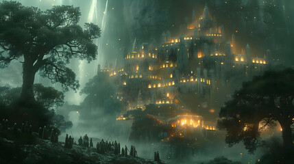 A haunting and mystical castle shrouded in fog, surrounded by towering trees, with a dramatic and eerie atmosphere.