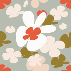 Fototapeta premium Trendy floral seamless pattern collection. Set of vintage 70s style flower background illustration. Colorful pastel color groovy artwork bundle, y2k nature backgrounds with spring plants.
