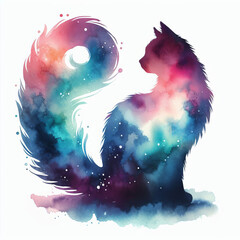 Watercolor illustration of a cat with a cosmic pattern mixing colors and celestial elements inside his silhouette, white background