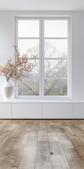 Fototapeta premium Stylish sideboard in a luxury apartment next to a window filling the room with natural lighting. Residential interior design composition for Real Estate with copy space.