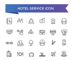 Hotel service icon collection. Hospitality symbol, room, service, booking, facilities and more. Line icons vector collection.