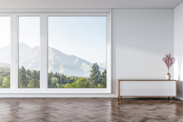 Fototapeta premium Stylish sideboard in a luxury apartment next to a window filling the room with natural lighting. Residential interior design composition for Real Estate with copy space.