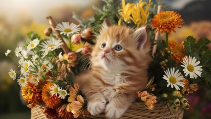 A cute cat and flowers in a basket