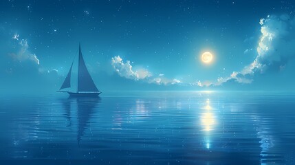 Ocean boat and moon illustration poster background
