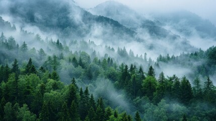 Fototapeta premium Forest-covered mountains shrouded in morning mist, foggy and serene, raw style, nature's tranquility captured, detailed and immersive