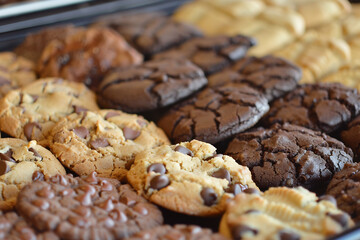 Close-up of assorted freshly baked cookies with chocolate chips, arranged on a baking tray, delicious and inviting treats