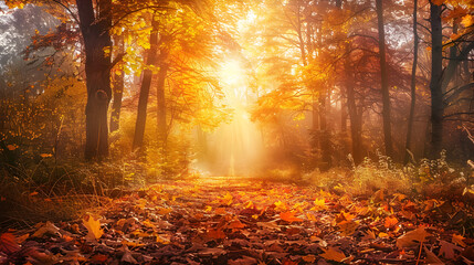 Golden Autumn Forest Pathway with Sunlight Filtering Through the Canopy