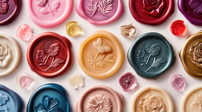 Collection of colorful wax seal stamps with different embossing, showcased on antiqued paper