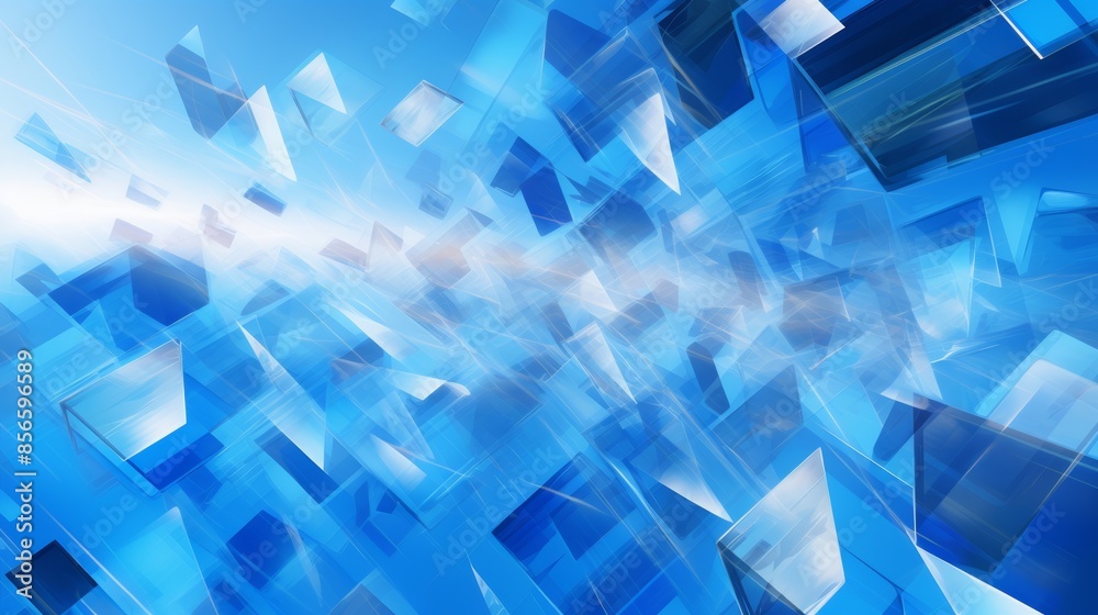Poster a vibrant abstract blue background with overlapping diamonds and squares in a dynamic geometric pattern, inspired by Wassily Kandinsky's compositions. 