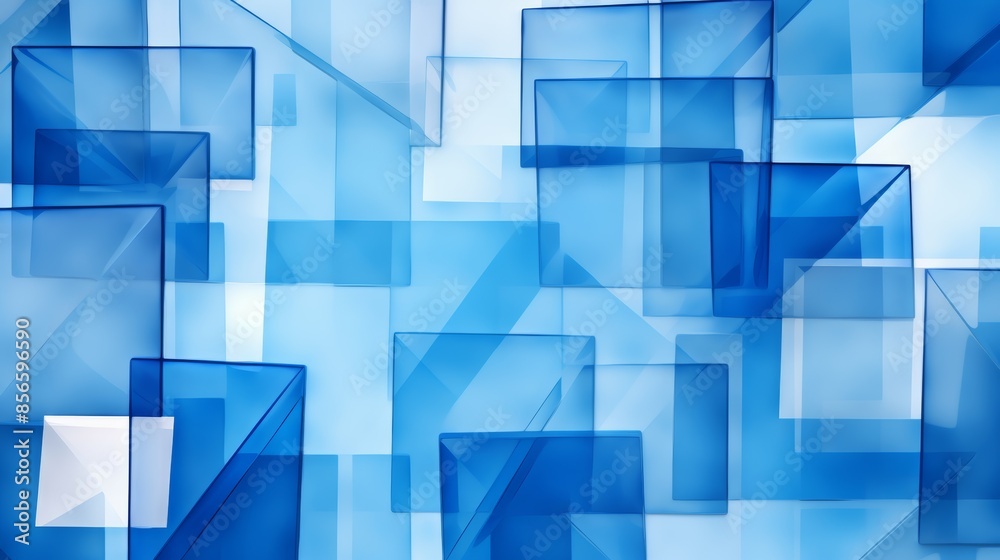 Poster a vibrant abstract blue background with overlapping diamonds and squares in a dynamic geometric pattern, inspired by Wassily Kandinsky's compositions. 