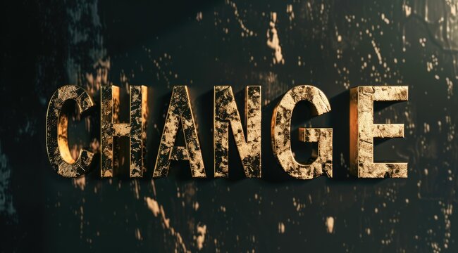 A bold image of the word "CHANGE" with a reflective golden texture on a dark background