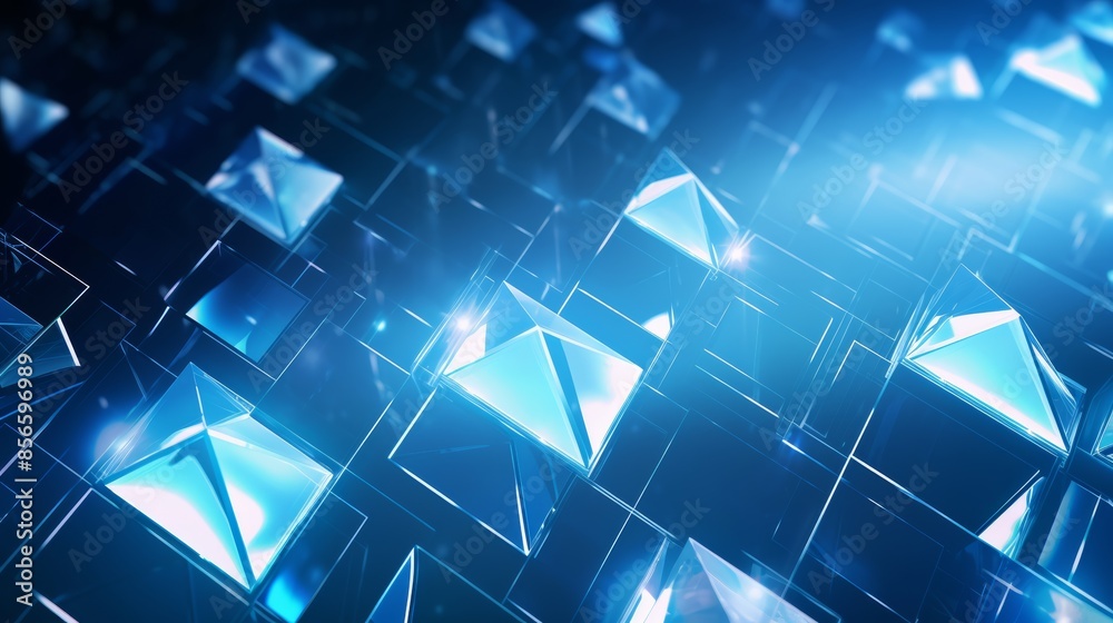 Poster vibrant abstract blue background with overlapping diamonds and squares in a dynamic geometric pattern, showcasing vibrant neon colors and a retro-futuristic vibe. 
