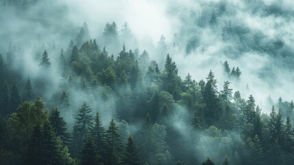 Misty mountain landscape with dense forest, morning fog creating a tranquil atmosphere, raw style, detailed and immersive nature