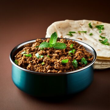 Indian food mutton kheema served with chapati on brown background