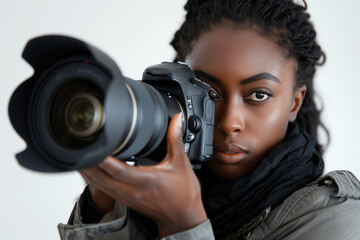 young afro american woman taking pictures with a large SLR camera in the studio on a white background