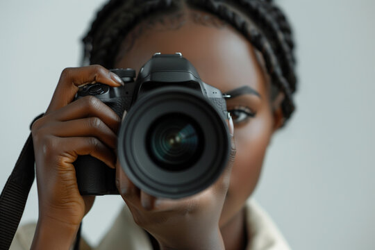 young afro american woman taking pictures with a large SLR camera in the studio on a white background