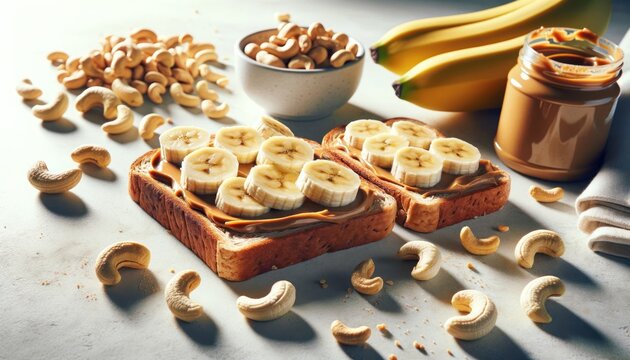 healthy breakfast setup. Two slices of whole grain toast topped with peanut butter and banana slices - Powered by Adobe