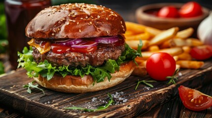 Mouthwatering burger with grilled meat, vegetables, tomatoes, onions, cheese, lettuce, ketchup, soft buns, on a board with fries, raw and vivid