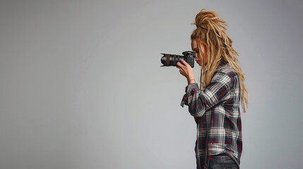 young blonde woman with dreadlocks taking pictures with a large SLR camera in the studio