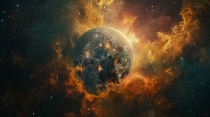 Mysterious planet in deep space, cosmic star cluster and colorful nebula in the background, raw style, stunning visuals