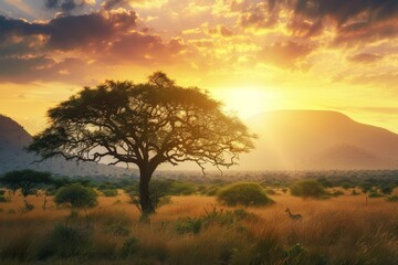 Fototapeta premium African savannah with acacia at sunrise