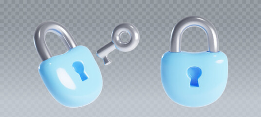 3d lock padlock with key. Blue secure locker icon. Isolated secret privacy keyhole for door or house protection. Business security sign. Realistic closed insurance object png for website design