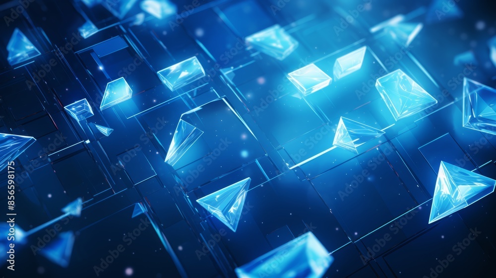 Poster  vibrant blue abstract background with overlapping diamonds and squares in a dynamic geometric pattern. 4522-b755-b07d7efc47ba