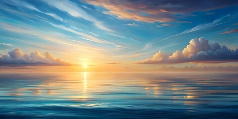 Fototapeta premium Tranquil Seascape With Vibrant Sunset And Fluffy Clouds