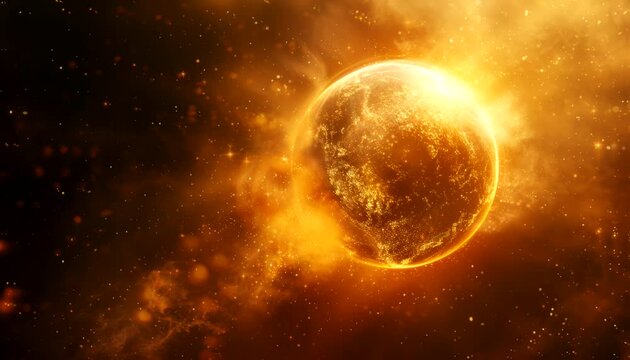 Glowing Gold Planet in Space with Sparkling Starry Background. Seamless and infinity looping video animation background