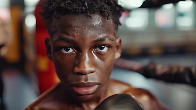 Young boxer during boxing exercises, focused on process with serious concentrated facial. 4k video footage