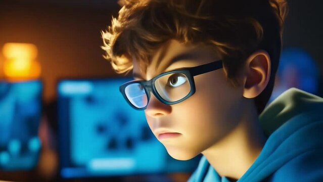 Kid with multi screen for coding and programming. Futuristic digital Learning concept. 4k video footage