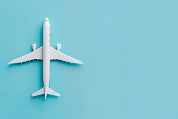 `White airplane model on blue background, top view. Flat lay style. The concept of travel and journey in the air in minimalist flat design style. Minimalism. High resolution photography.`