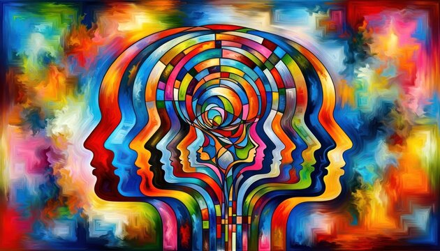 vibrant and colorful montage representing diversity and unity in society. The artwork is composed of overlapping silhouettes of human heads