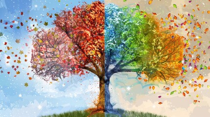 Obraz premium Seasonal tree with four distinct sections, showcasing winter, spring, summer, and fall, vibrant colors, raw and detailed style