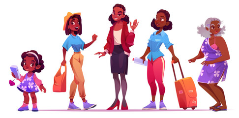 Life cycle stages of african woman from toddler child to senior. Human lifetime evolution. Cartoon vector set of female character growing process in kid, student, mature and grandparent age period.
