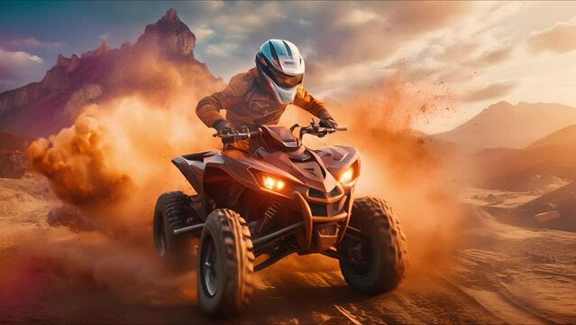 ATV rider ridding and making a turn in the sand. dust cloud, sand quarry on background. 4k video footage