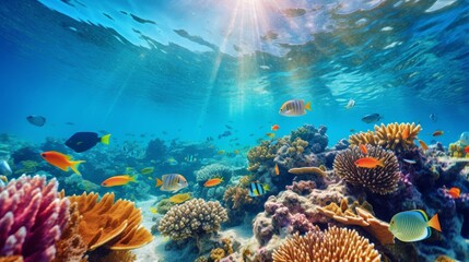 vibrant tropical fish swimming among coral reefs, creating a mesmerizing wallpaper. 