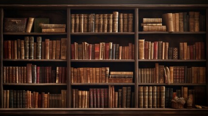 weathered wooden bookshelf filled with classic novels, its shelves overflowing with stories waiting to be discovered. 