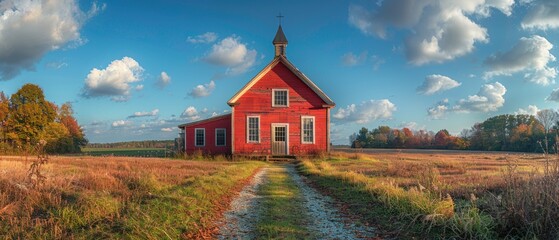 Showcase the quaint beauty of a one-room schoolhouse against a backdrop of endless blue skies, evoking nostalgia for a bygone era of education.