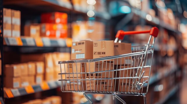 D2C or direct to consumer logistics concept. E-commerce. Illustration of a digital shopping cart with connected logistics, online retail data networks, online orders