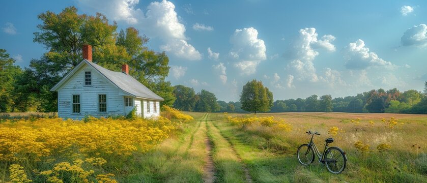 Showcase the quaint beauty of a one-room schoolhouse against a backdrop of endless blue skies, evoking nostalgia for a bygone era of education.