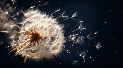  wispy dandelion seed head releasing its parachute-like seeds into the air, each seed carrying a tiny speck of shiny gold foil. 