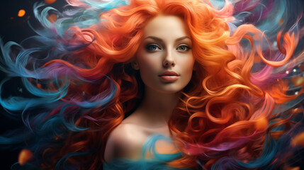 Fototapeta premium Woman with long colorful flowing hair. Concept complex coloring or spectral analysis