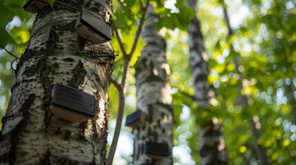 Obraz premium A birch tree forest transformed into an interactive learning space with solarpowered audio guides attached to each tree to educate students about the importance of trees in our ecosystem.