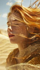 A surreal image of a woman with her face blurred out, with emphasis on golden hair and flowing scarf