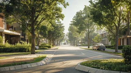Tree-centered street scene, elevated modern elegance, refined urban environment, sophisticated architecture, raw detail and texture