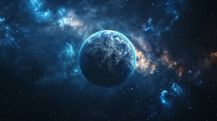 Unknown planet from outer space, surrounded by a cosmic cluster of stars, nebula background, raw style, vibrant and detailed