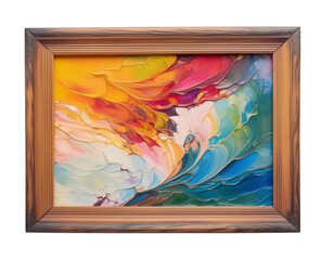 Vibrant abstract painting in a timeless wooden frame, set against a clear backdrop