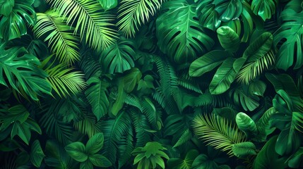 Vibrant green background with a 3D mural of dense tropical foliage, lush leaves in intricate detail, raw style, striking and vivid