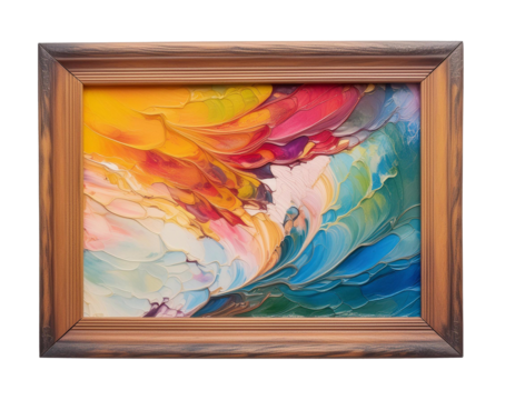 Vibrant abstract painting in a timeless wooden frame, set against a clear backdrop